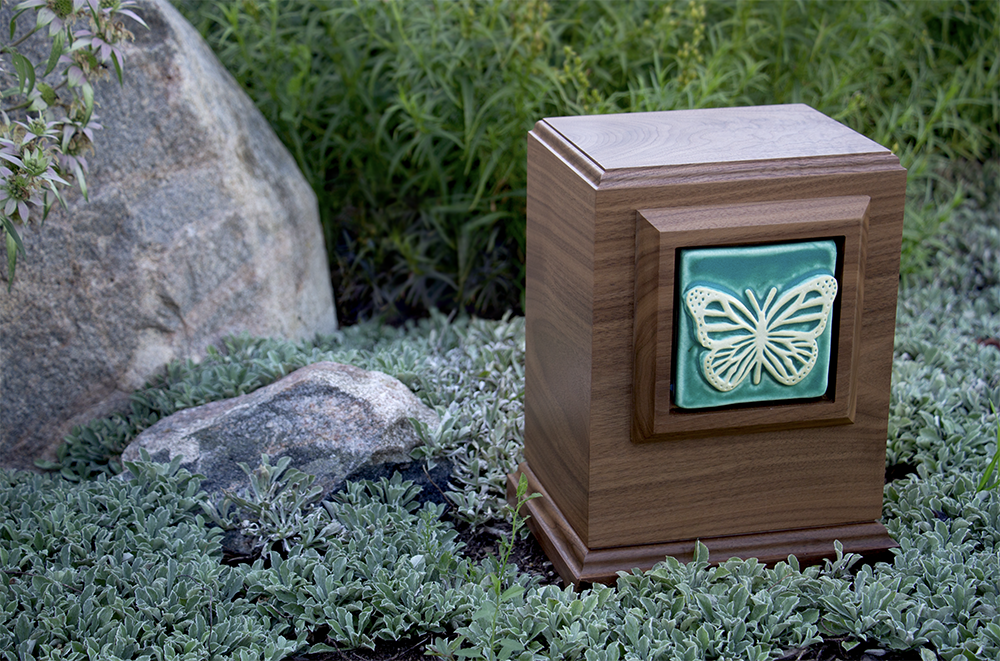 butterfly tile wooden urn