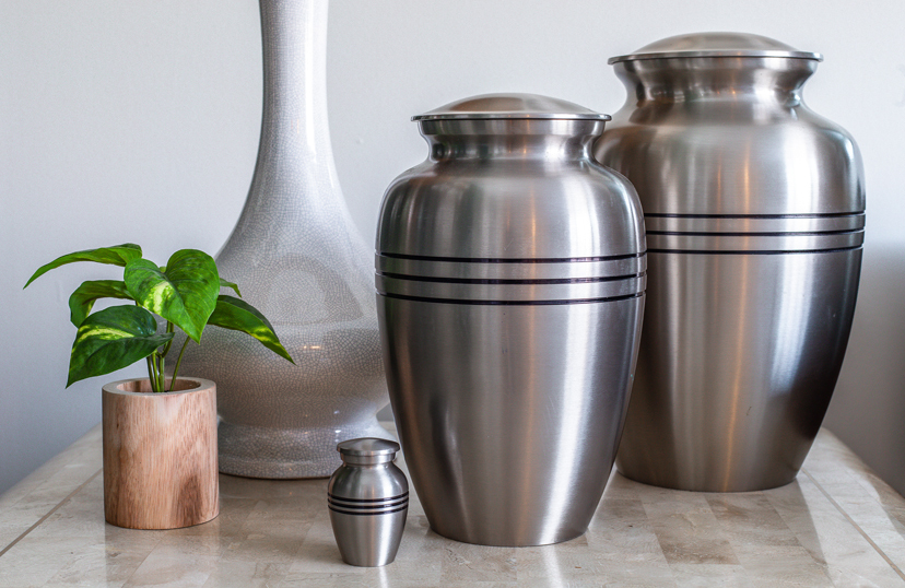 Three Bands Brass Urn Collection in Pewter Finish